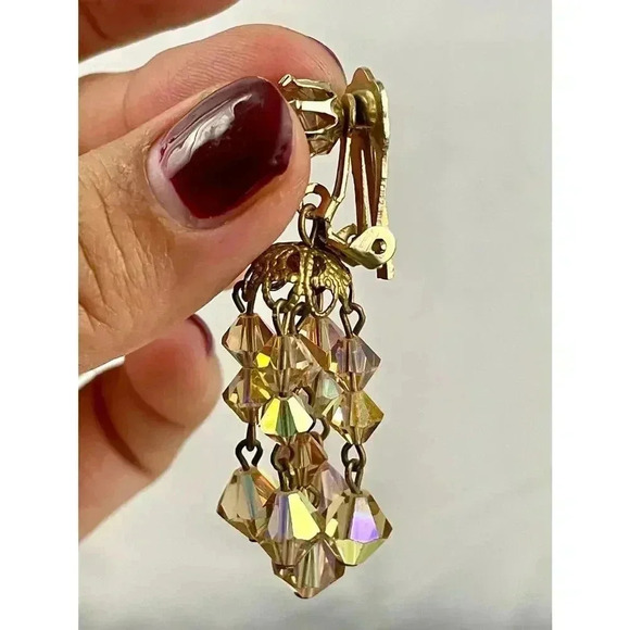 VTG Crystal Chandelier Clip On Earring Brown Iridescent Beaded Dangle 2" Long - Picture 3 of 16